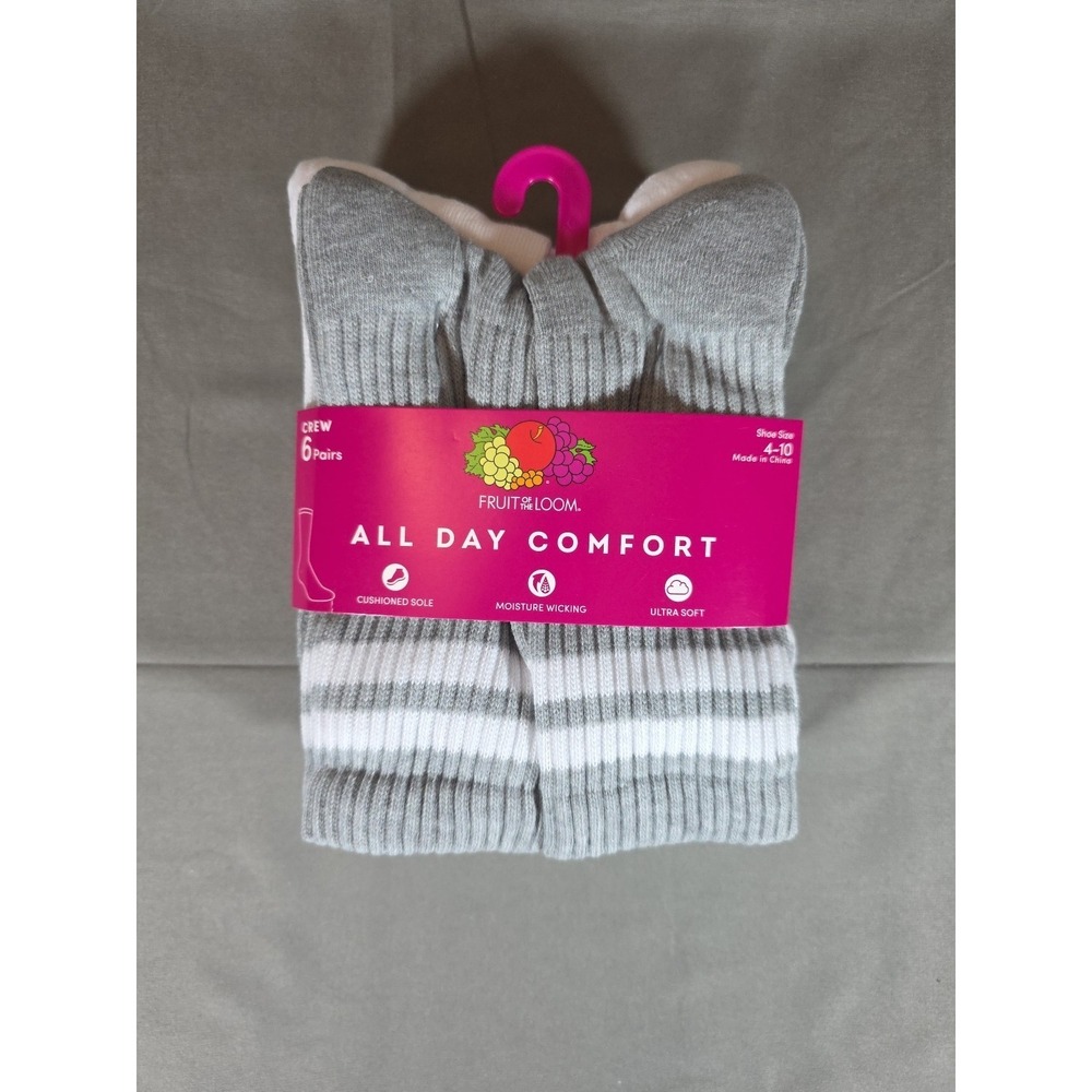 Women's Striped 6 Pair Crew Socks - Fruit of The Loom - Gray Black White 4 - 10